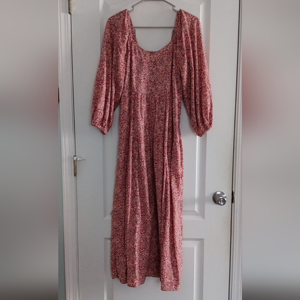 Universal Thread Rose-Pink Floral Midi Dress with Balloon Sleeves